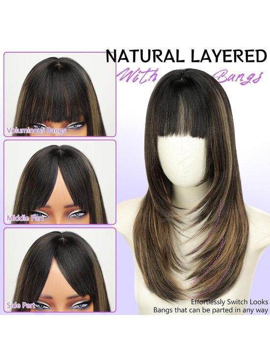 Women\'s Blonde Highligh Heat Resistant Middl Length Natural Layered Straight Wig main image 6
